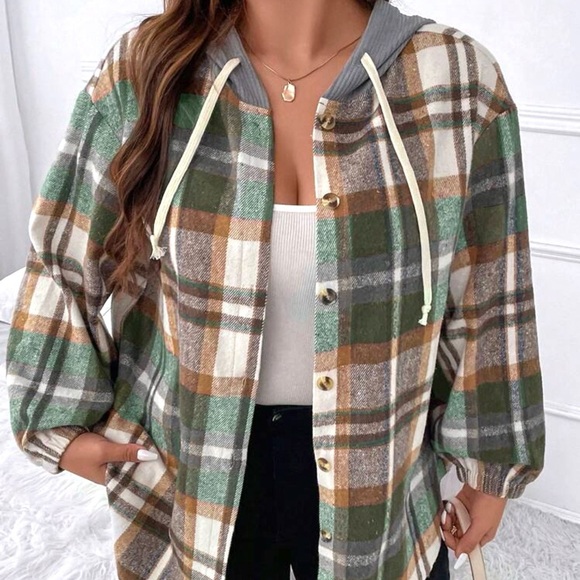 SHEIN Tops - SHEIN Flirla Plus Plaid Flannel Drop Shoulder Drawstring Hooded Jacket